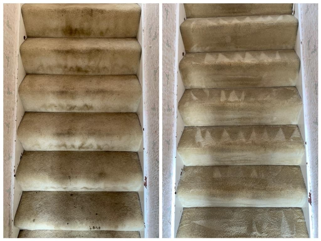 Carpet cleaning before and after results on staircase with deep dirt removal.