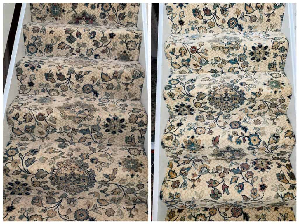 Carpet cleaning transformation showing before and after results by Oven & Carpet Genie.