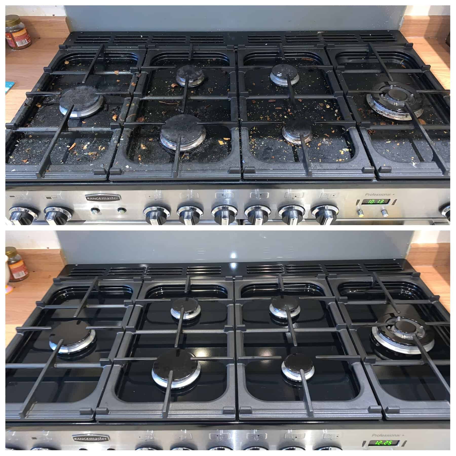 Dirty and clean gas cooktops showing cleaning results.