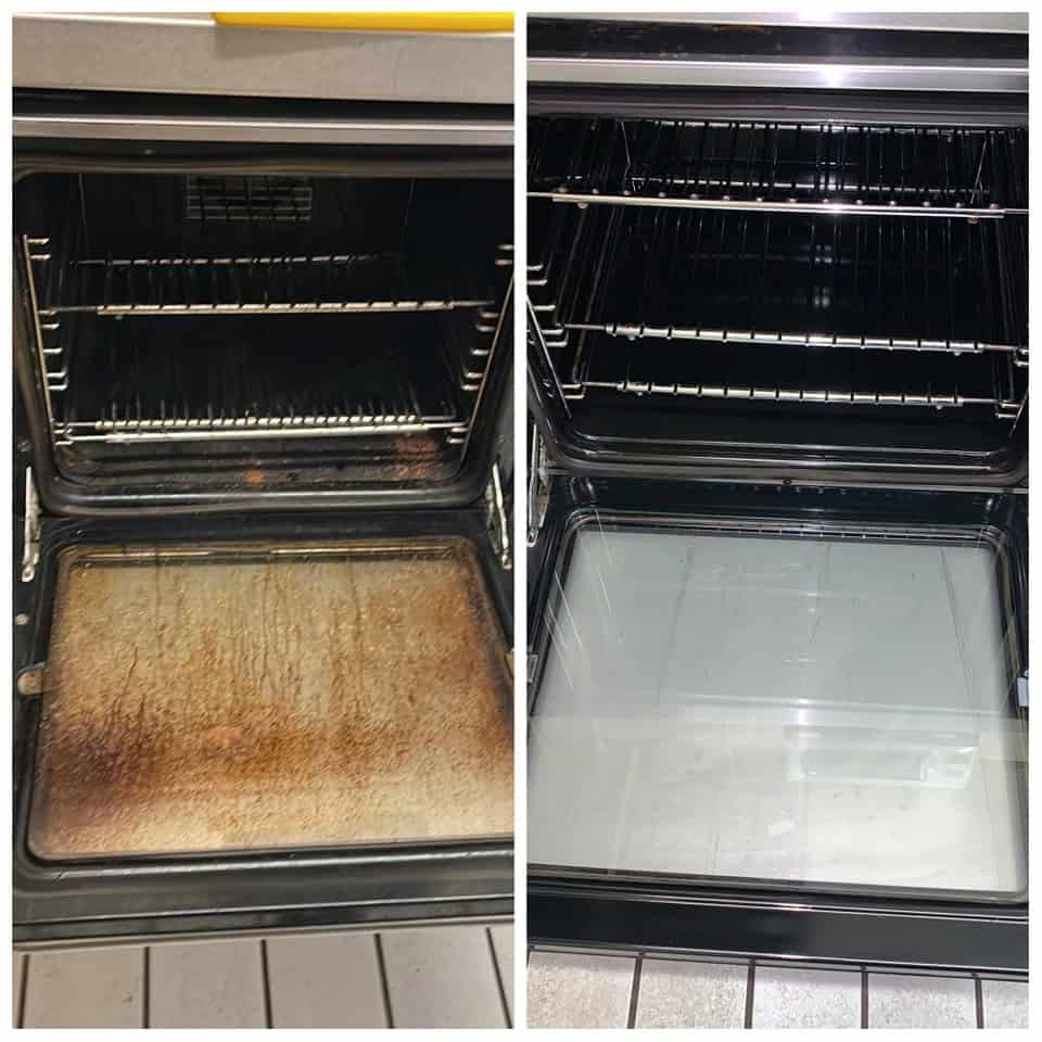Before and after oven cleaning showing removal of grease and grime.