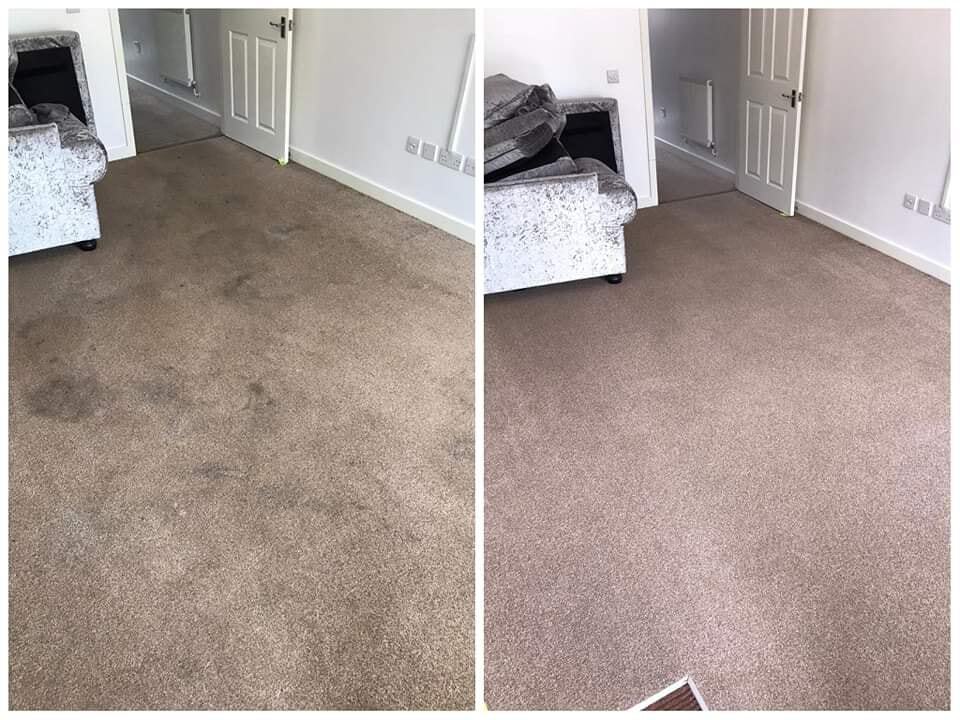 Carpet cleaning transformation showing before and after results in a living room.