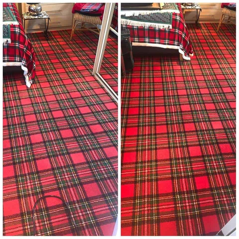 Carpet cleaning comparison showing tartan pattern before and after cleaning.