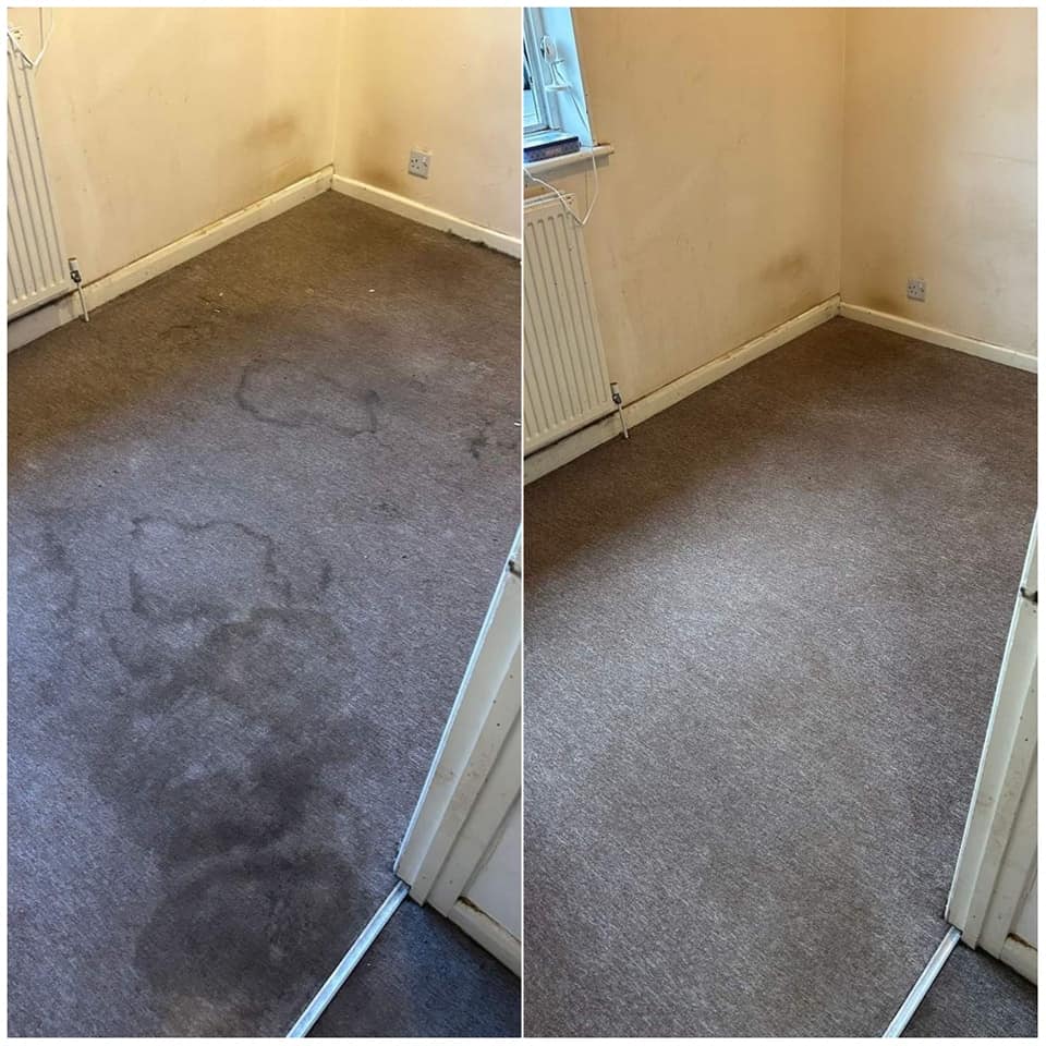 Before and after professional carpet cleaning showing stain removal and fresh appearance.