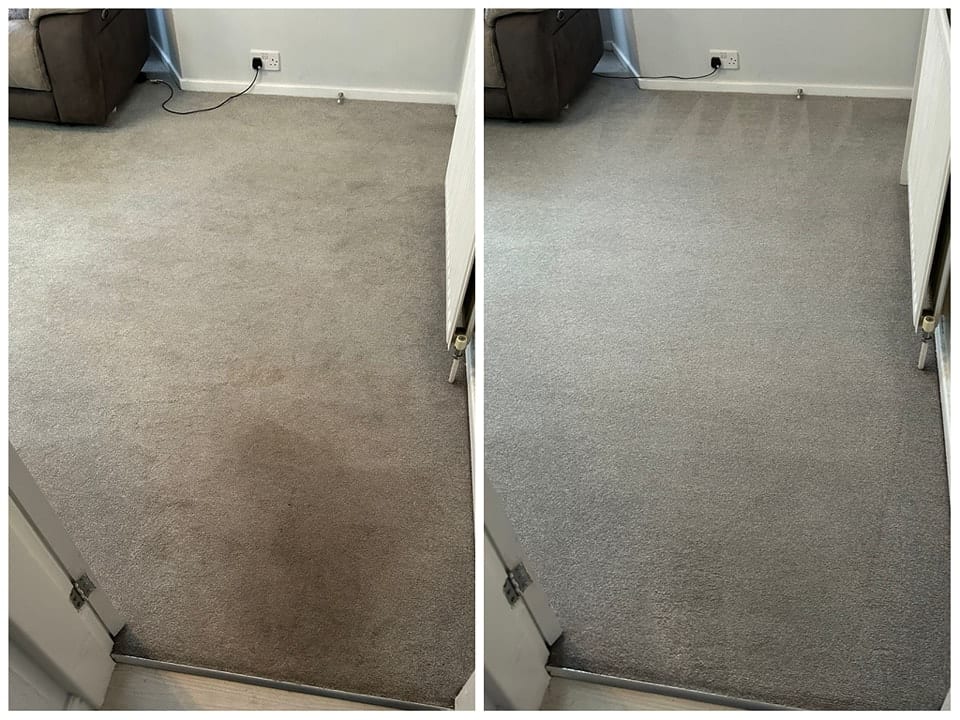 Carpet cleaning transformation showing a dirty carpet before and a clean carpet after service.