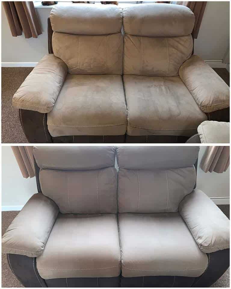 Before and after sofa cleaning by Oven & Carpet Genie in the UK.